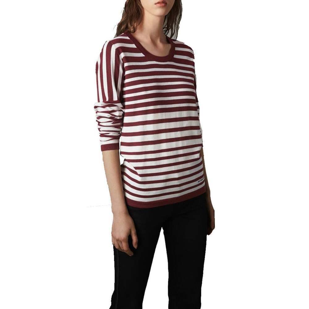 Burberry Women's Burgundy and Cream Striped Long Sleeve Sweater